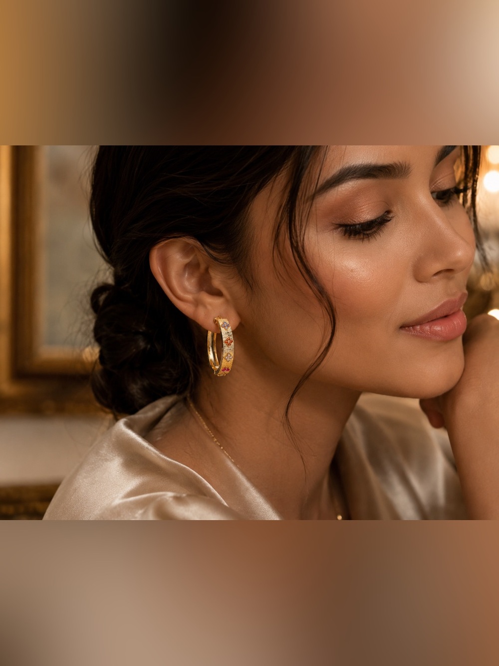 Gold Floral Multi-Stone Hoop Earrings - Picture 2 of 7